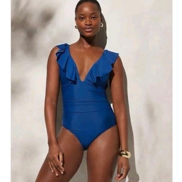 J. Crew Blue Ruched Ruffle V Neck Plunge One Piece Swimsuit SZ 22 Vacation Beach - Picture 1 of 14